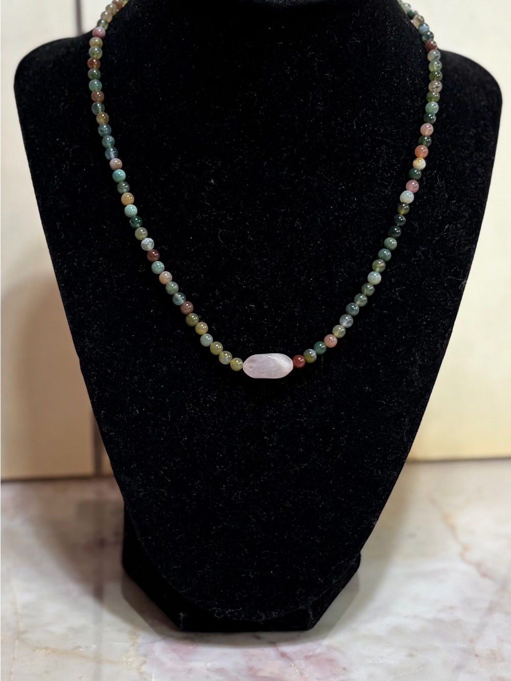 Hand Crafted Multicolor Gemstone Necklace with Rose Quartz Center